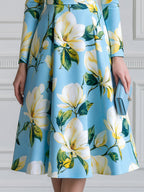 Elegant Magnolia Floral Print Belted A-Line Midi Dress