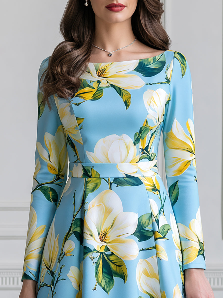 Elegant Magnolia Floral Print Belted A-Line Midi Dress