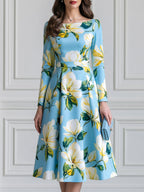 Elegant Magnolia Floral Print Belted A-Line Midi Dress