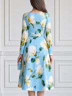 Elegant Magnolia Floral Print Belted A-Line Midi Dress