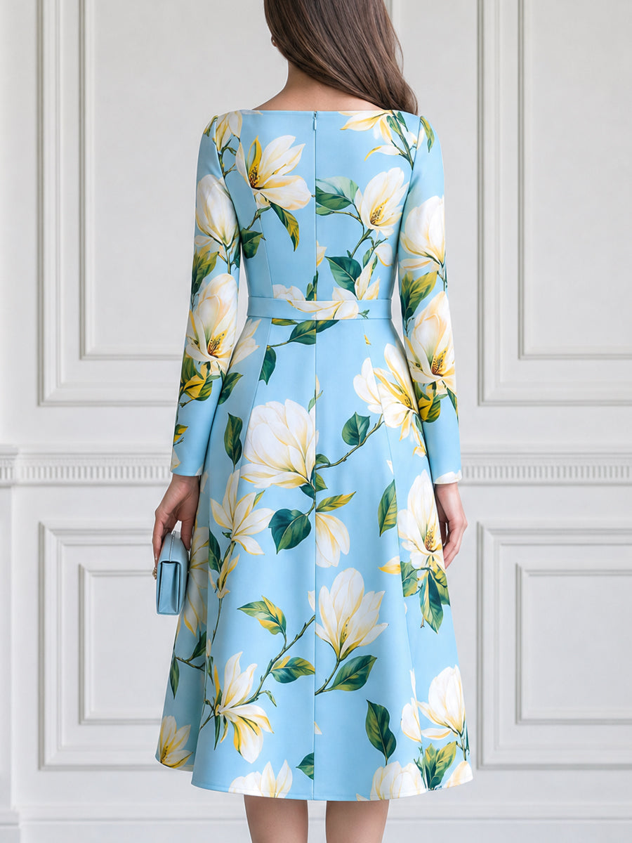 Elegant Magnolia Floral Print Belted A-Line Midi Dress