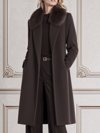 Brown Fall Fashion Faux Fur Collar Longline Coat