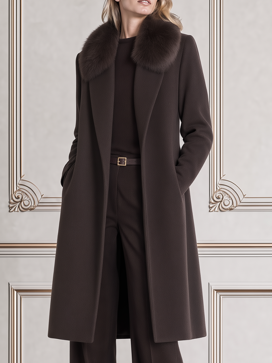 Brown Fall Fashion Faux Fur Collar Longline Coat