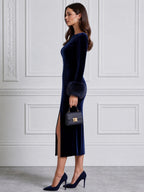 Elegant Velvet Boat Neck Faux Fur Cuff Slit Midi Dress