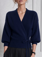 Navy Stockholm Style Wrap Tie Waist Ribbed Knit Cardigan