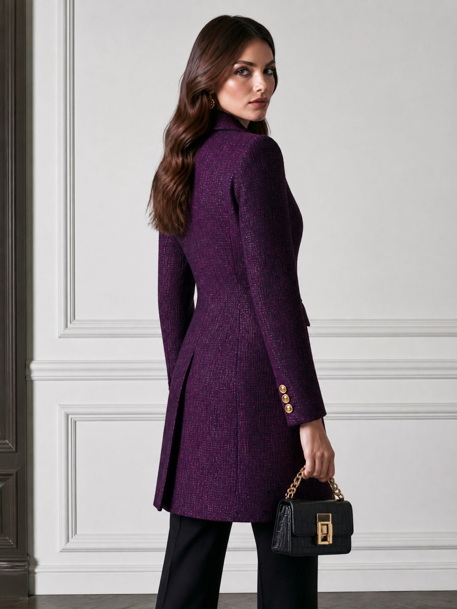 Tweed Textured Double-Breasted Gold Buttons Longline Coat