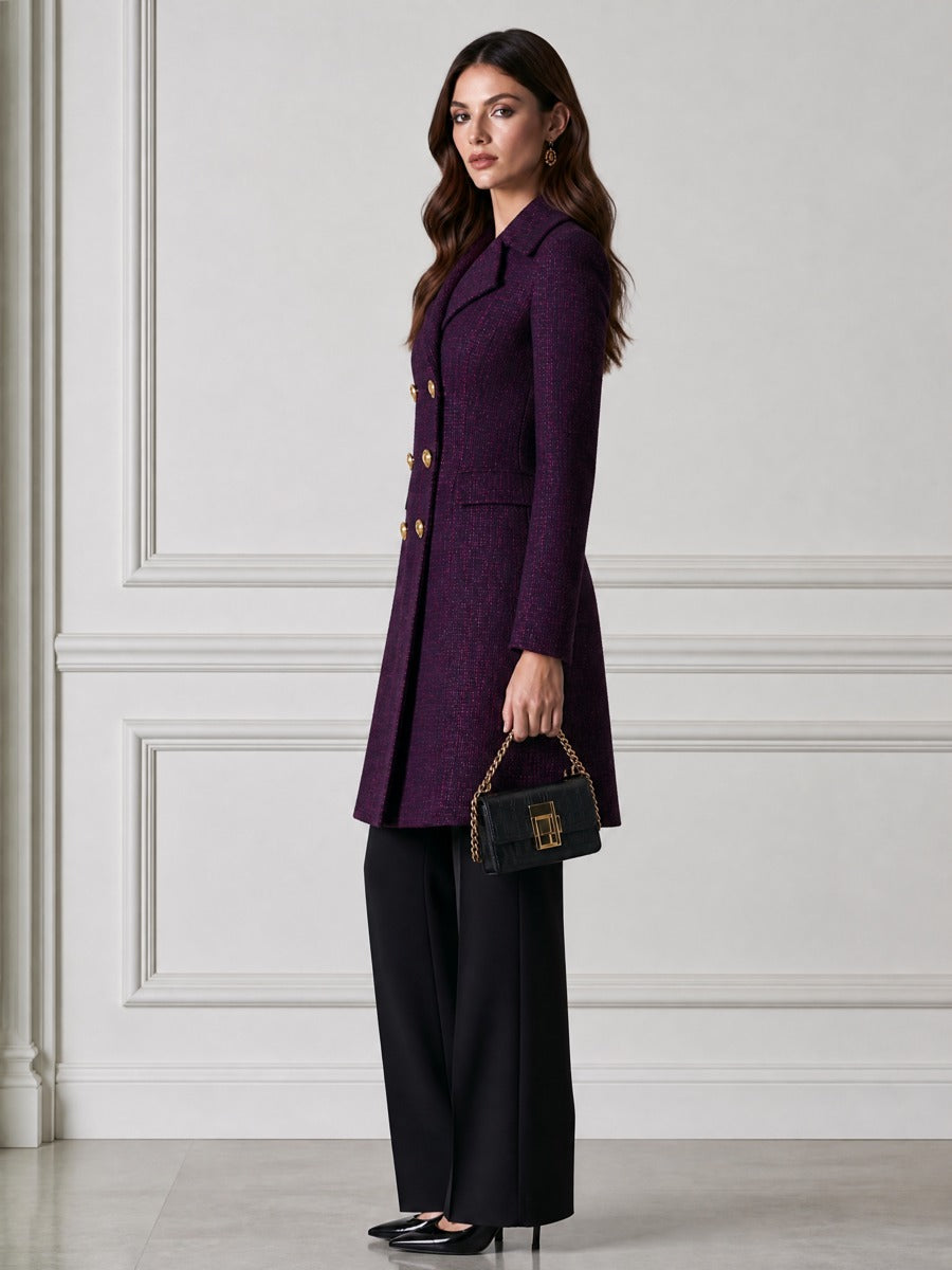 Tweed Textured Double-Breasted Gold Buttons Longline Coat