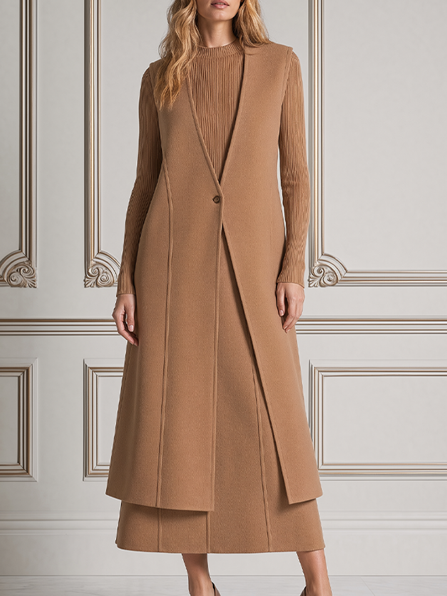 Camel Stockholm Style Sleeveless Longline Vest & Ribbed Knit Midi Dress Set