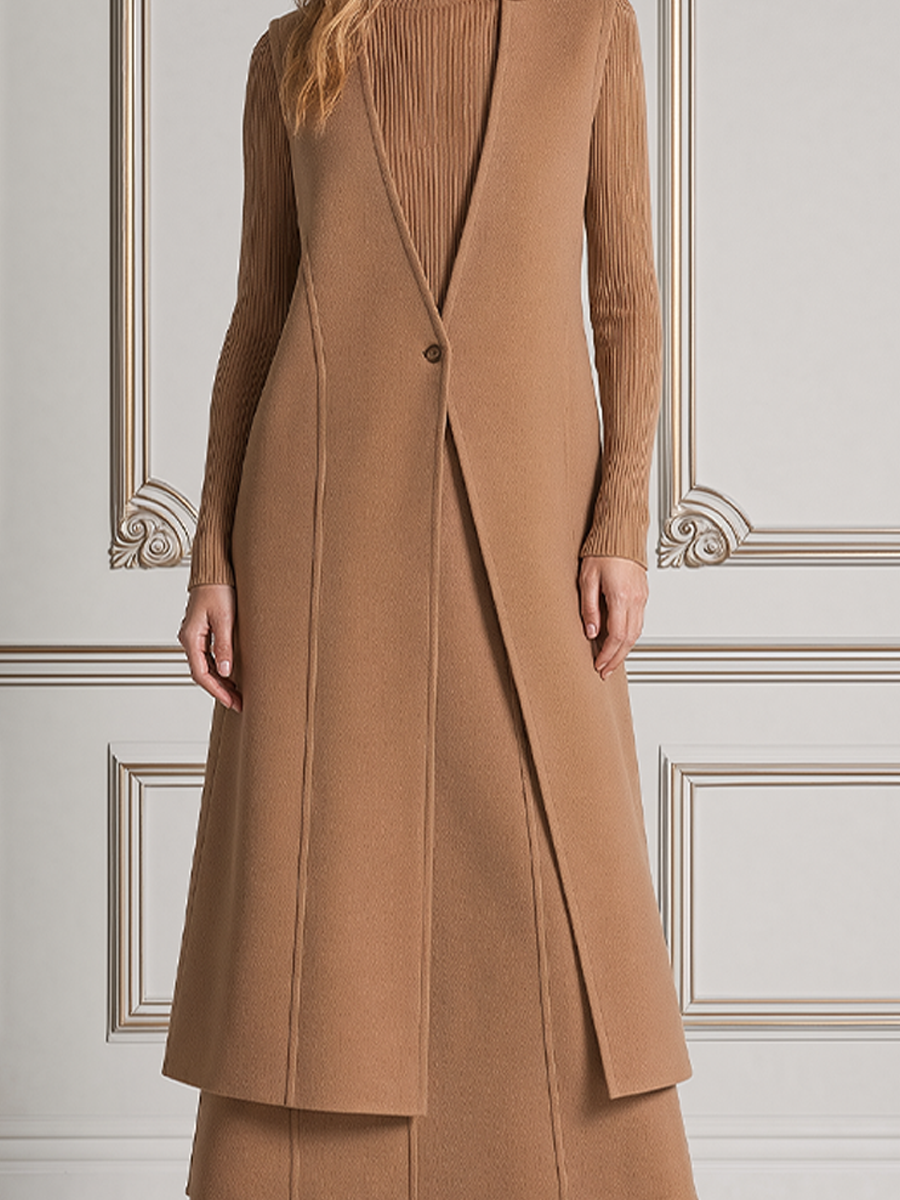 Camel Stockholm Style Sleeveless Longline Vest & Ribbed Knit Midi Dress Set