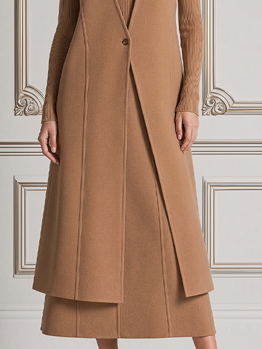 Camel Stockholm Style Sleeveless Longline Vest & Ribbed Knit Midi Dress Set