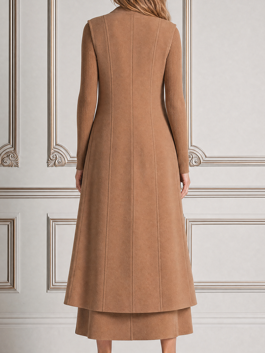 Camel Stockholm Style Sleeveless Longline Vest & Ribbed Knit Midi Dress Set