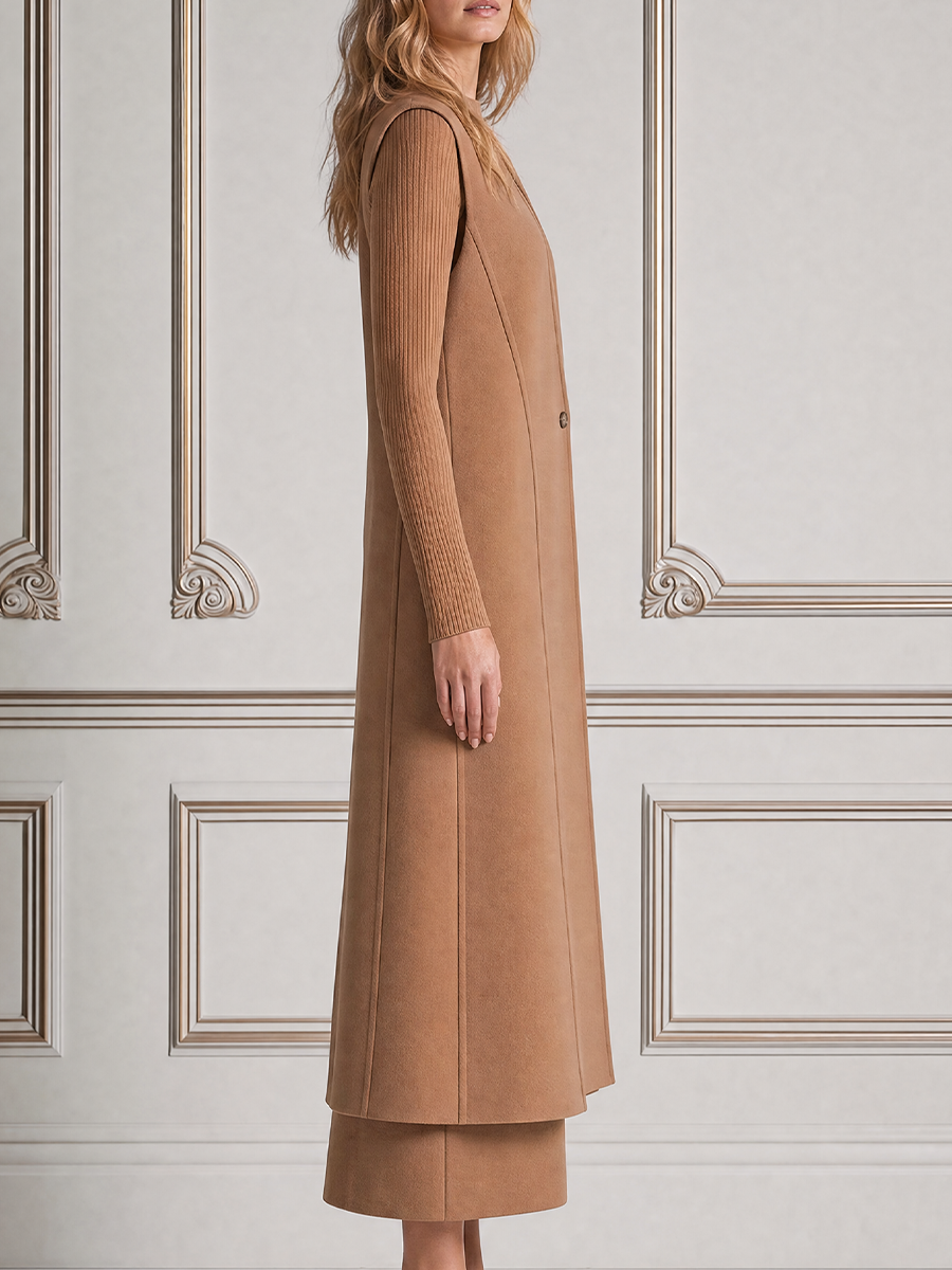 Camel Stockholm Style Sleeveless Longline Vest & Ribbed Knit Midi Dress Set