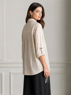 Pinstripe Collared Half-Placket Tab Sleeves Shirt
