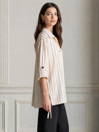 Pinstripe Collared Half-Placket Tab Sleeves Shirt