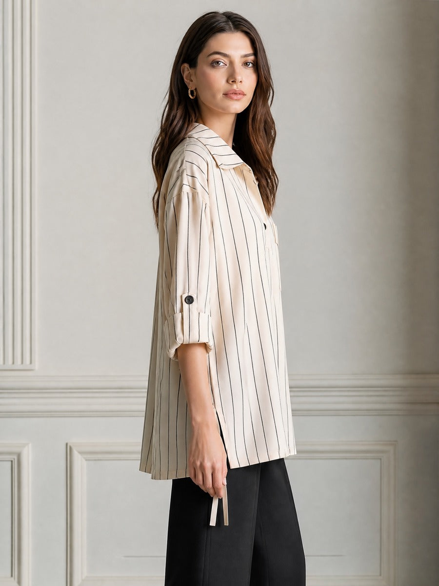 Pinstripe Collared Half-Placket Tab Sleeves Shirt