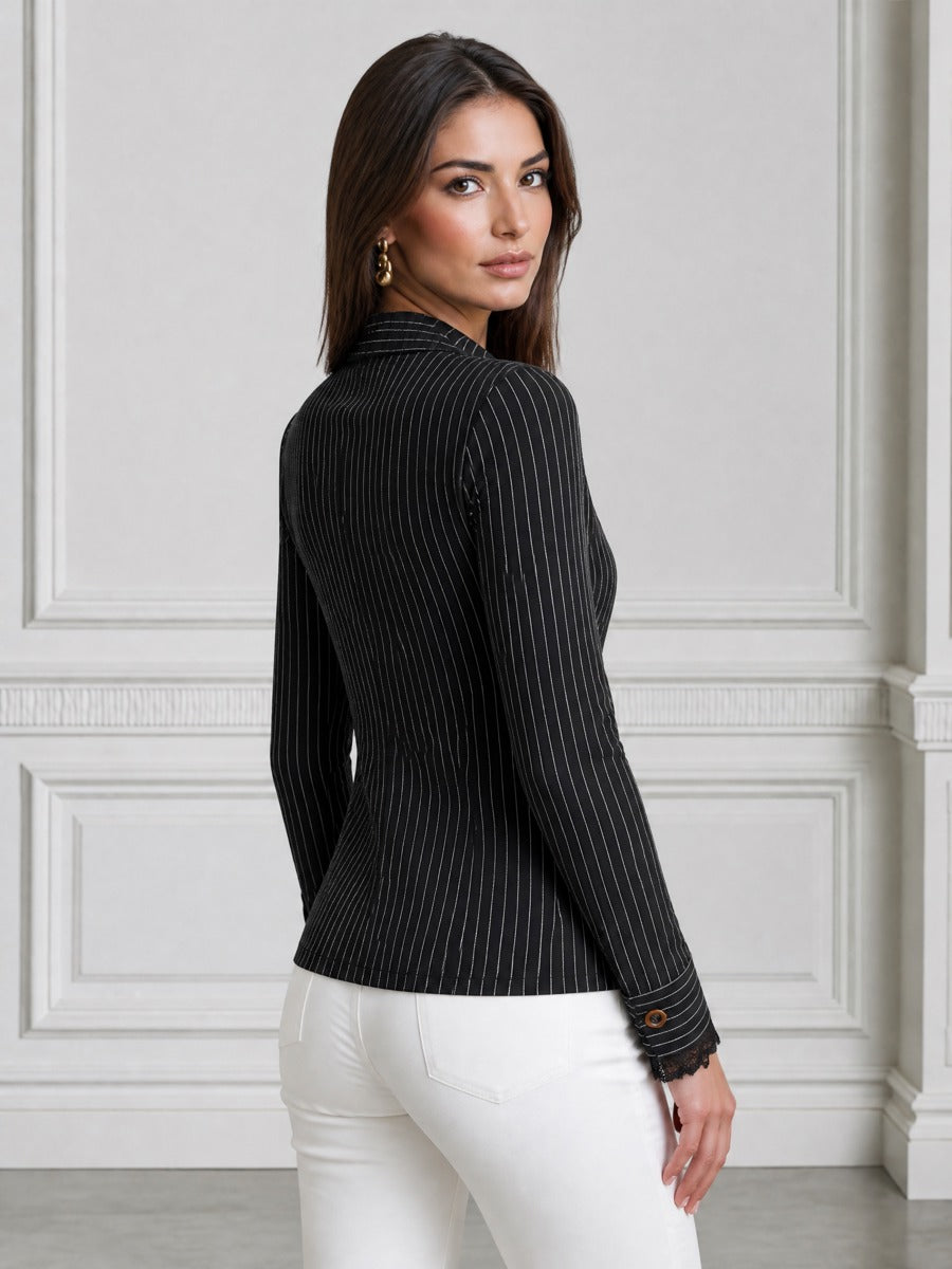 Pinstripe Lace-Trim Wrap Button Pocket Blouse