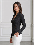 Pinstripe Lace-Trim Wrap Button Pocket Blouse