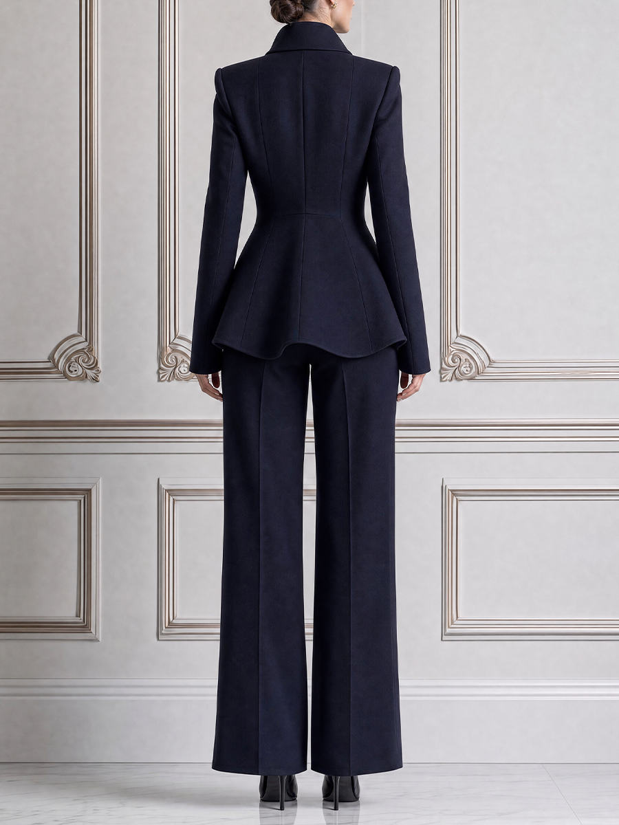 Navy Fall Fashion Sculpted Shawl Collar Blazer & Straight Leg Pants Suit Set