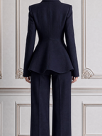 Navy Fall Fashion Sculpted Shawl Collar Blazer & Straight Leg Pants Suit Set