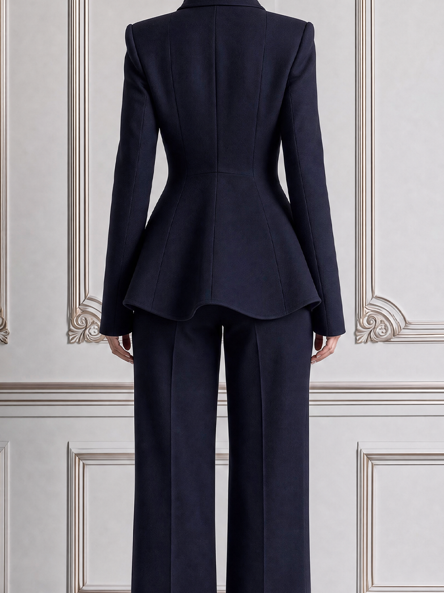 Navy Fall Fashion Sculpted Shawl Collar Blazer & Straight Leg Pants Suit Set
