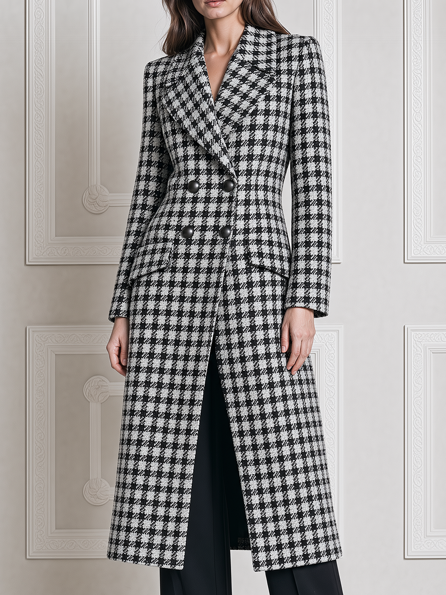 Black White Fall Fashion Plaid Double Breasted Longline Coat