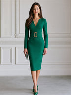 Elegant V-Neck Gold Buckle Belted Sheath Midi Dress