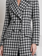 Black White Fall Fashion Plaid Double Breasted Longline Coat