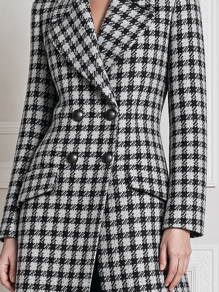 Black White Fall Fashion Plaid Double Breasted Longline Coat
