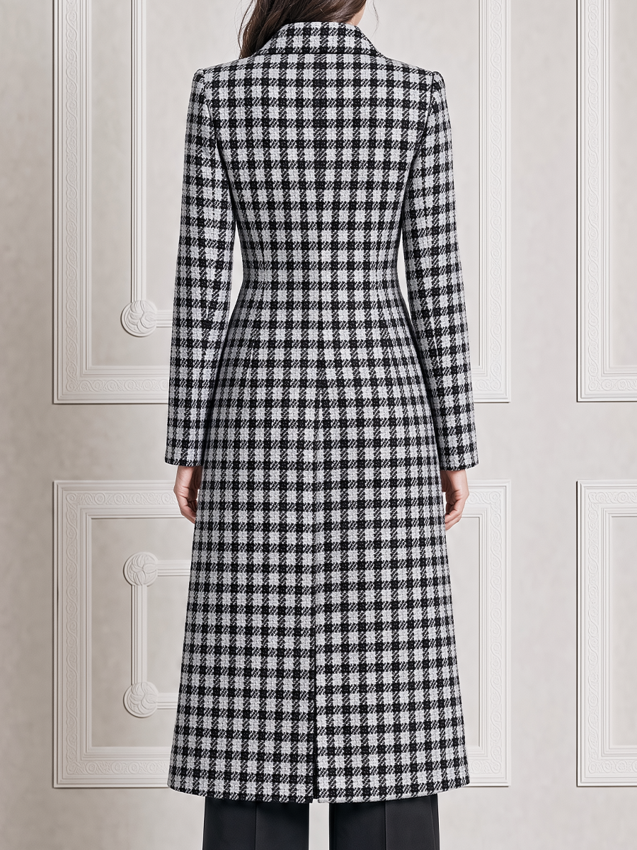 Black White Fall Fashion Plaid Double Breasted Longline Coat