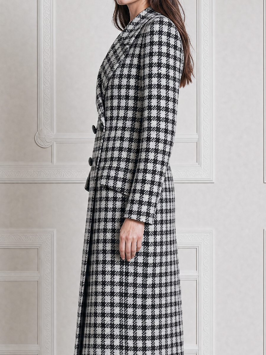 Black White Fall Fashion Plaid Double Breasted Longline Coat