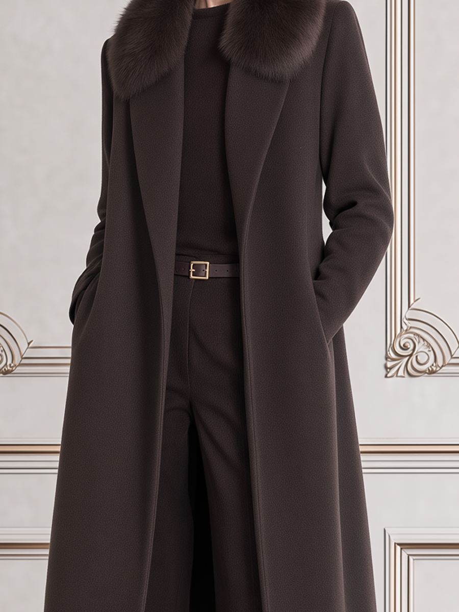 Brown Fall Fashion Faux Fur Collar Longline Coat