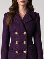 Tweed Textured Double-Breasted Gold Buttons Longline Coat