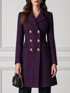 Tweed Textured Double-Breasted Gold Buttons Longline Coat