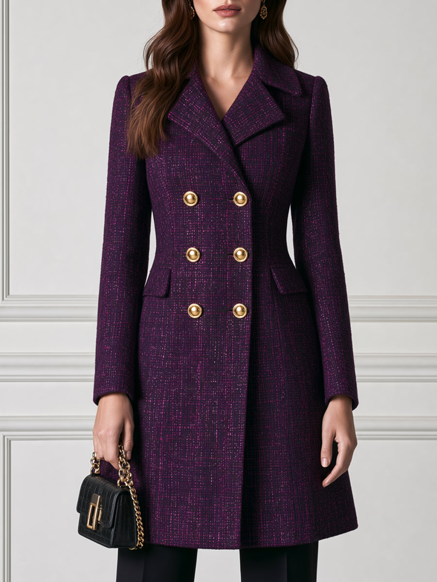 Tweed Textured Double-Breasted Gold Buttons Longline Coat