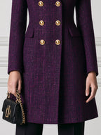 Tweed Textured Double-Breasted Gold Buttons Longline Coat