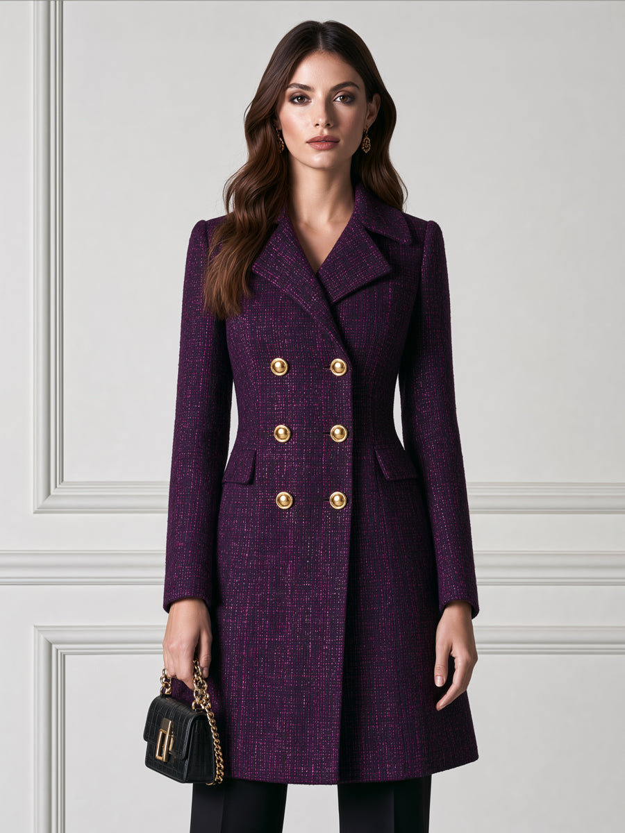 Tweed Textured Double-Breasted Gold Buttons Longline Coat
