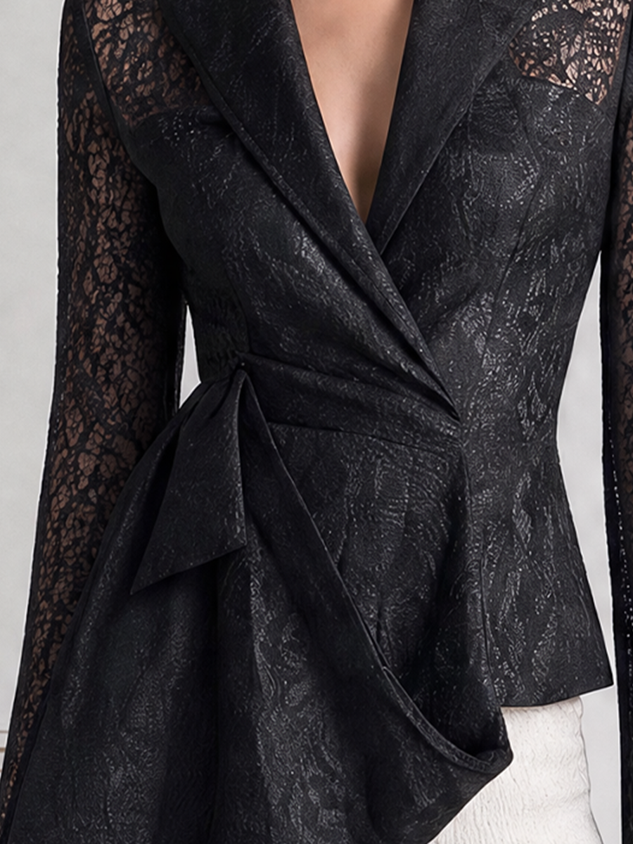 Black Lace Fall Fashion Asymmetric Peplum Blazer Top