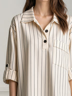 Pinstripe Collared Half-Placket Tab Sleeves Shirt