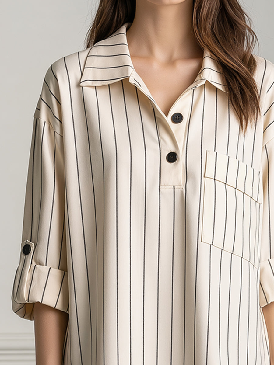 Pinstripe Collared Half-Placket Tab Sleeves Shirt