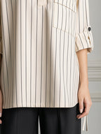 Pinstripe Collared Half-Placket Tab Sleeves Shirt