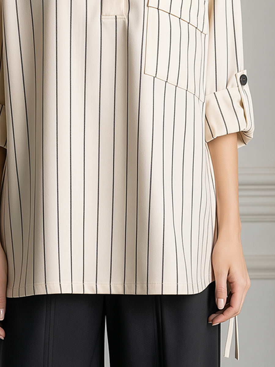 Pinstripe Collared Half-Placket Tab Sleeves Shirt