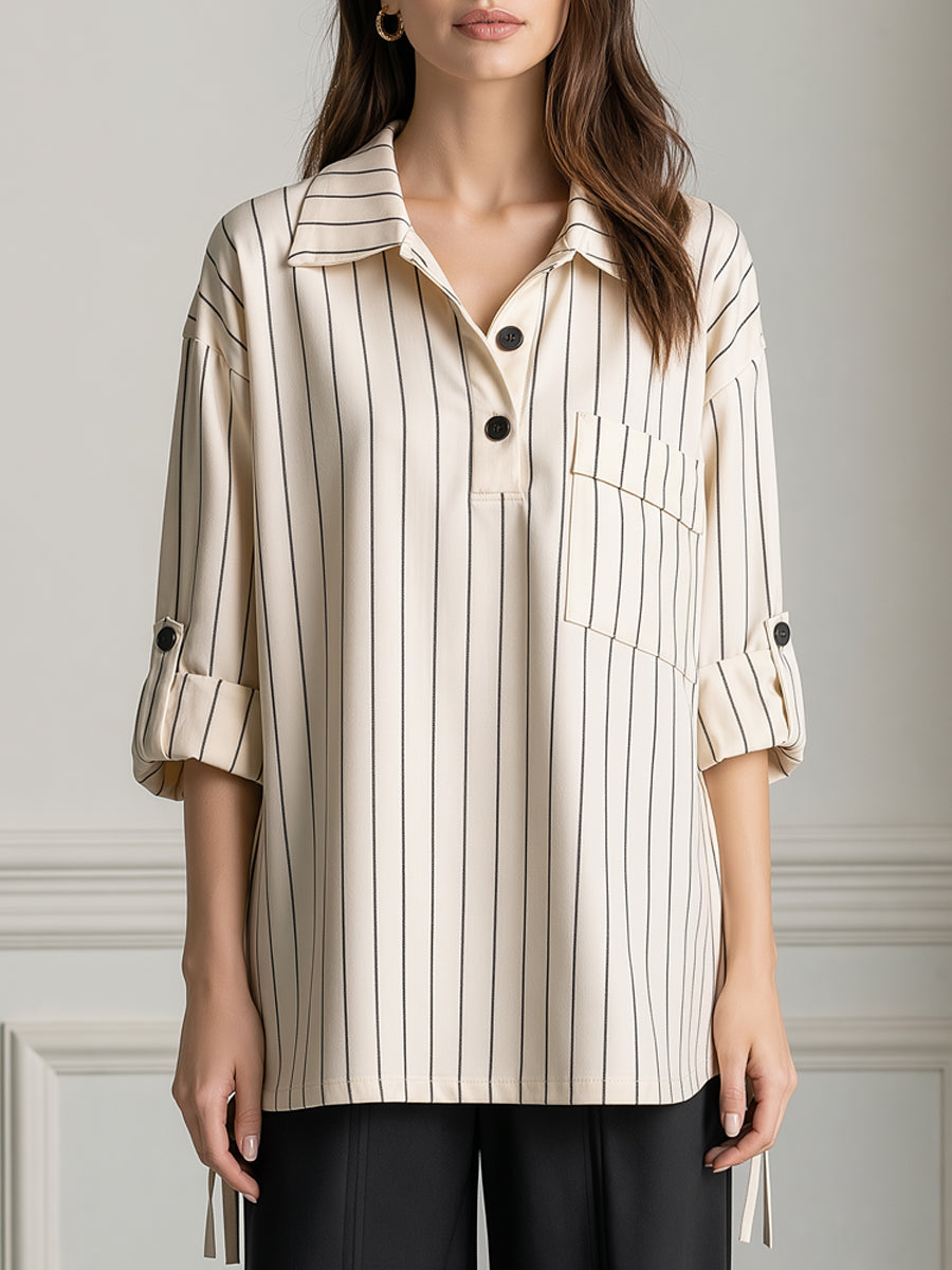 Pinstripe Collared Half-Placket Tab Sleeves Shirt