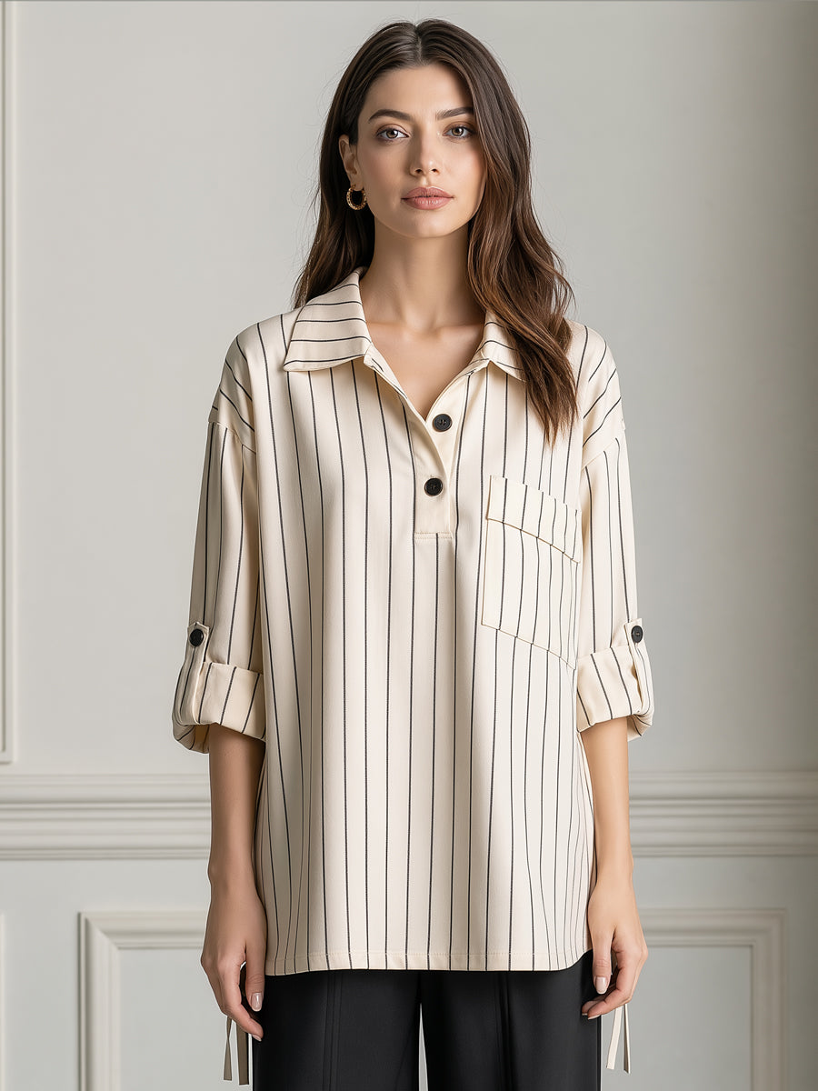 Pinstripe Collared Half-Placket Tab Sleeves Shirt
