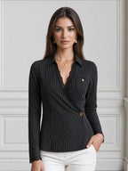 Pinstripe Lace-Trim Wrap Button Pocket Blouse