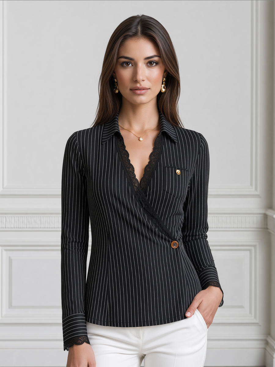 Pinstripe Lace-Trim Wrap Button Pocket Blouse