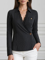 Pinstripe Lace-Trim Wrap Button Pocket Blouse