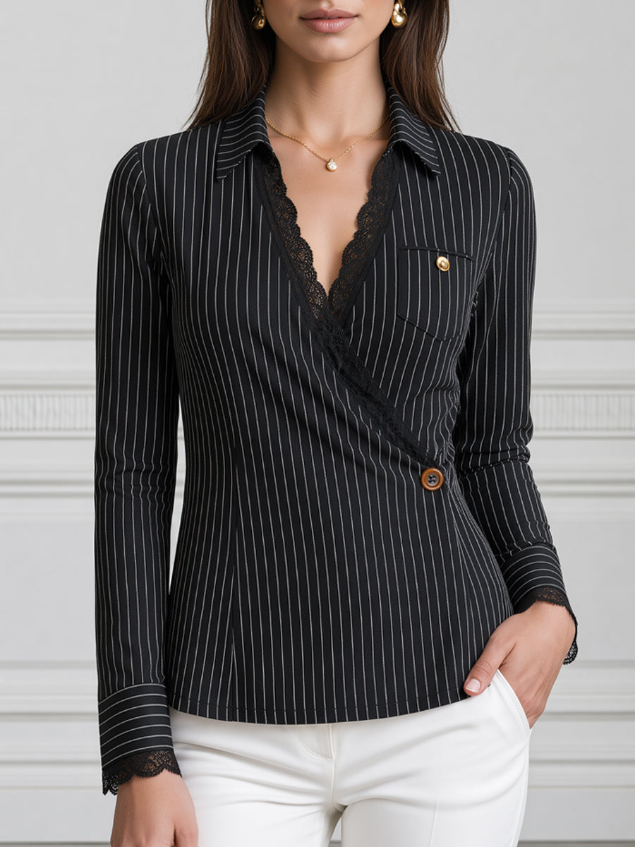 Pinstripe Lace-Trim Wrap Button Pocket Blouse