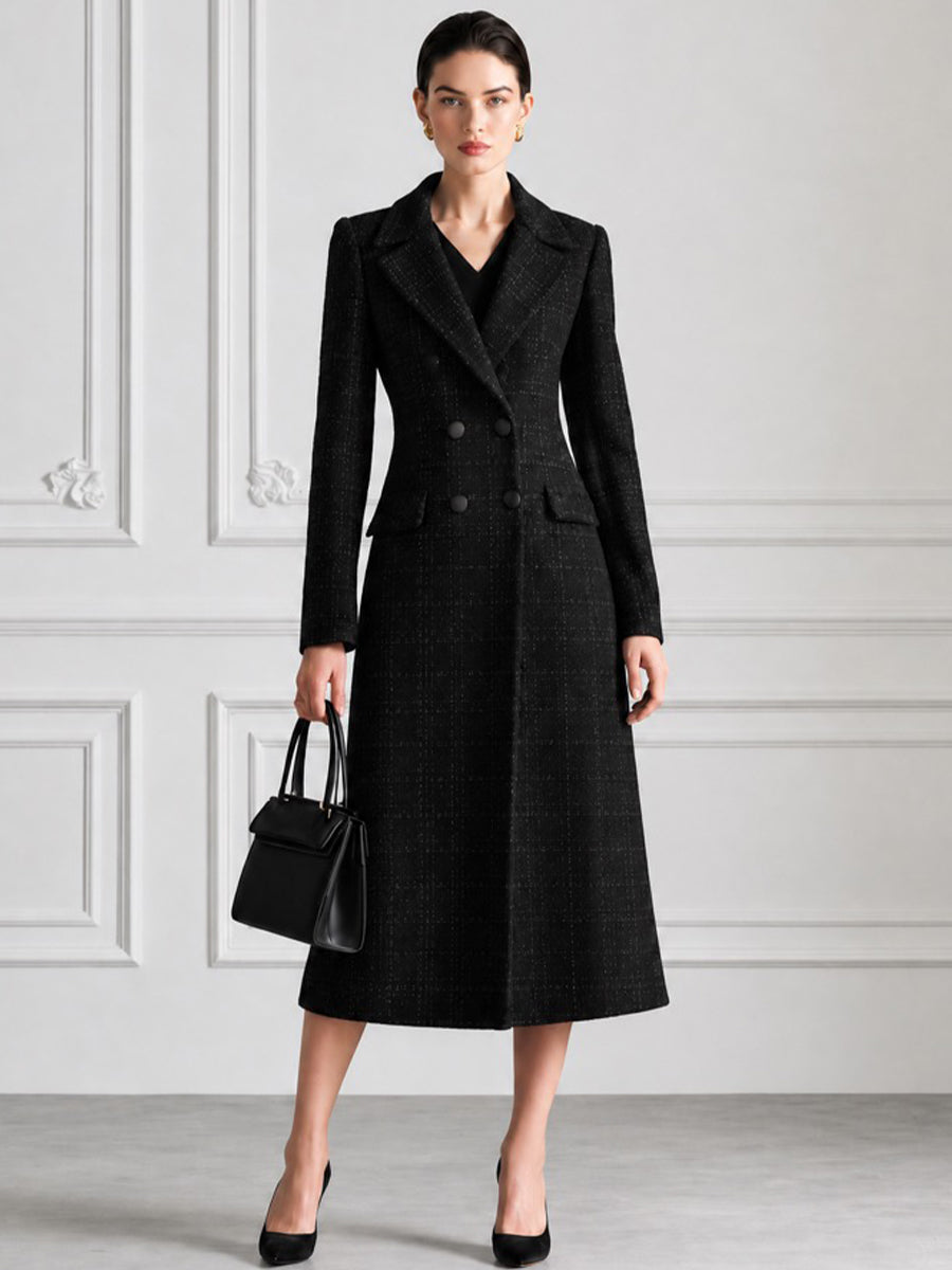 Women's Double-Breasted Plaid Wool Blend Long Coat