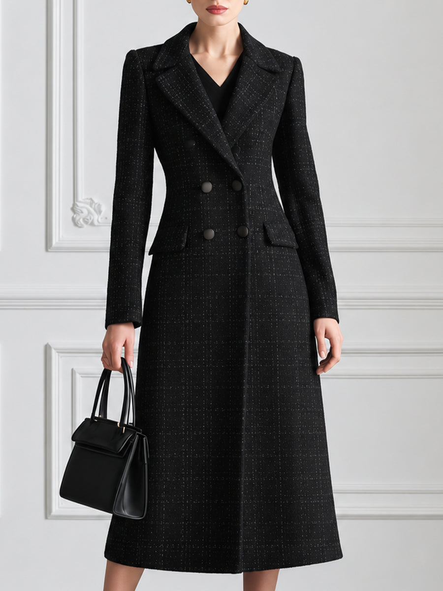 Women's Double-Breasted Plaid Wool Blend Long Coat