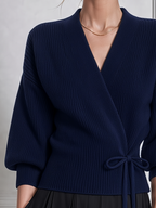 Navy Stockholm Style Wrap Tie Waist Ribbed Knit Cardigan